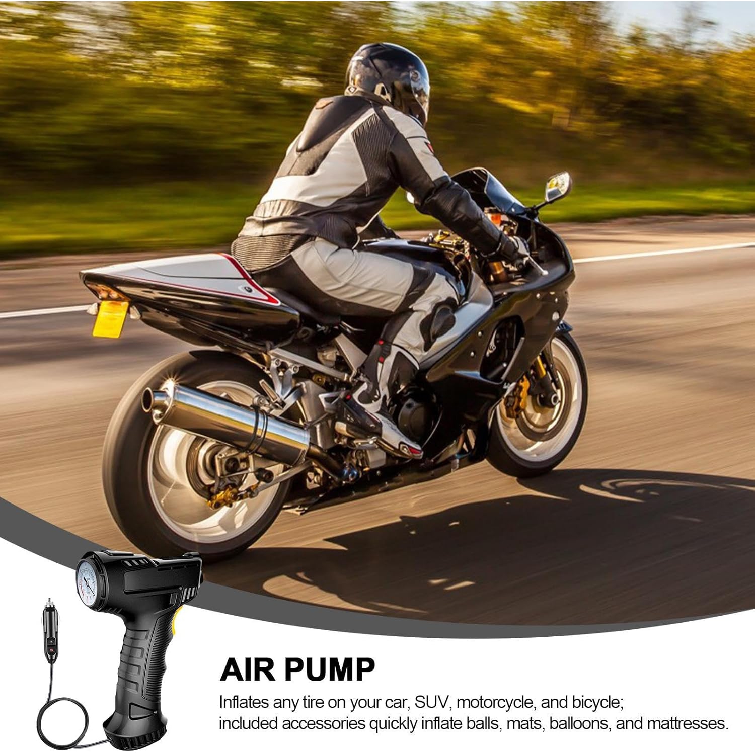 Portable multifunctional electric air pump, intelligent digital display, preset tire pressure, automatic stop when full, with LED light, long battery