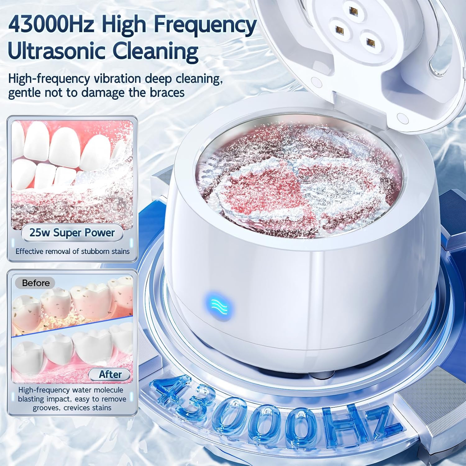 Ultrasonic Denture Cleaner Ultraviolet Braces Ultrasonic Cleaner Retainer Jewelry and Watch Cleaner - White