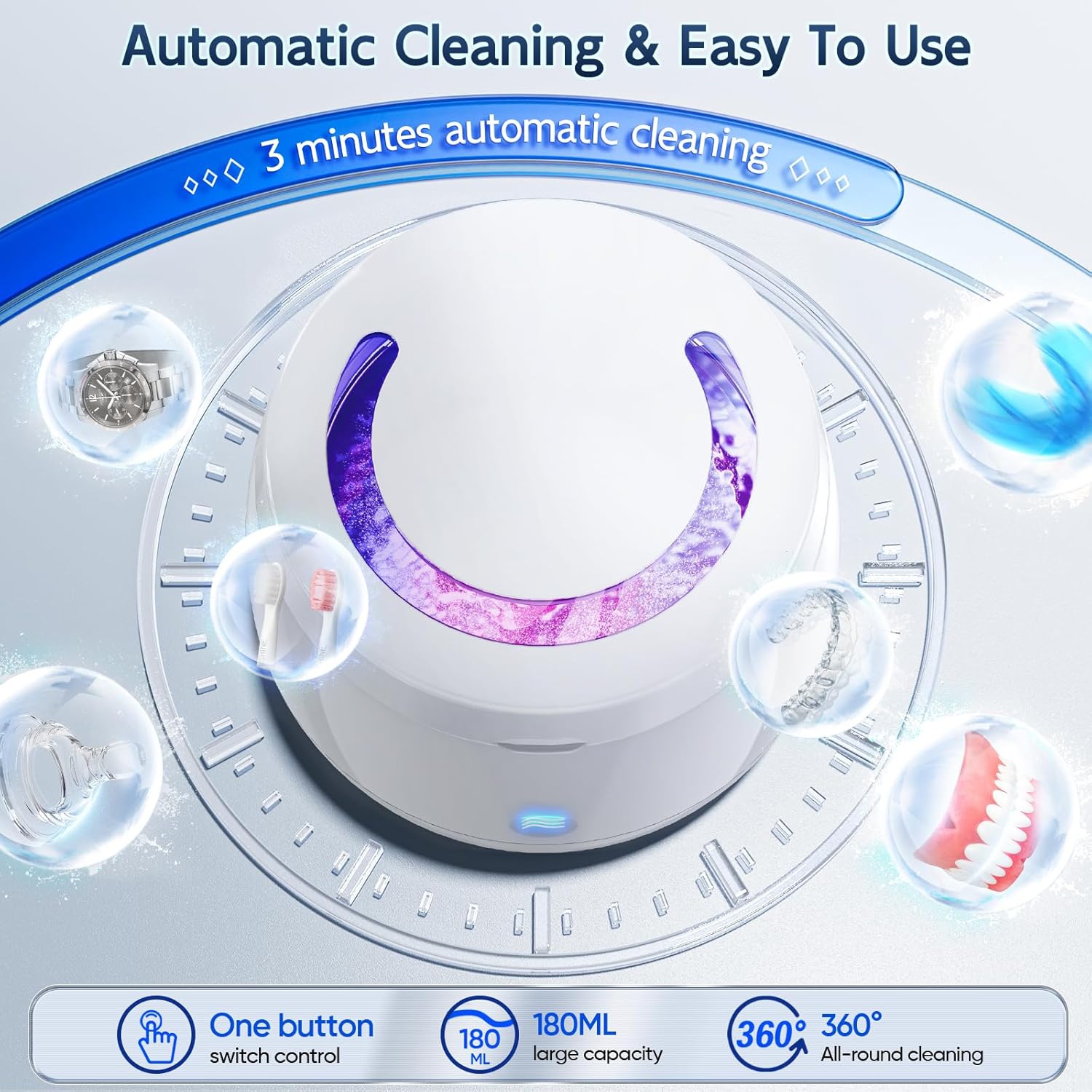 Ultrasonic Denture Cleaner Ultraviolet Braces Ultrasonic Cleaner Retainer Jewelry and Watch Cleaner - White
