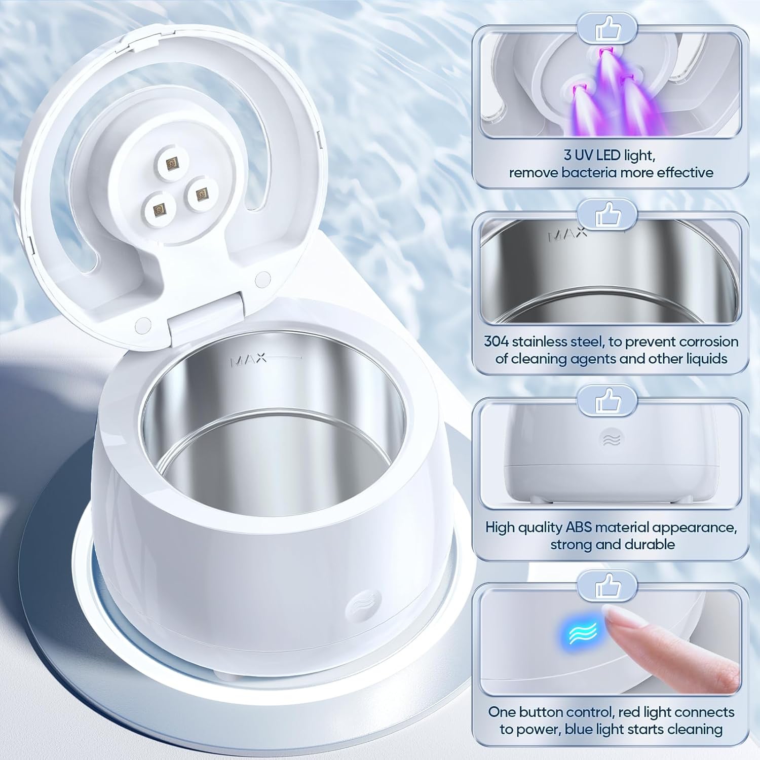 Ultrasonic Denture Cleaner Ultraviolet Braces Ultrasonic Cleaner Retainer Jewelry and Watch Cleaner - White