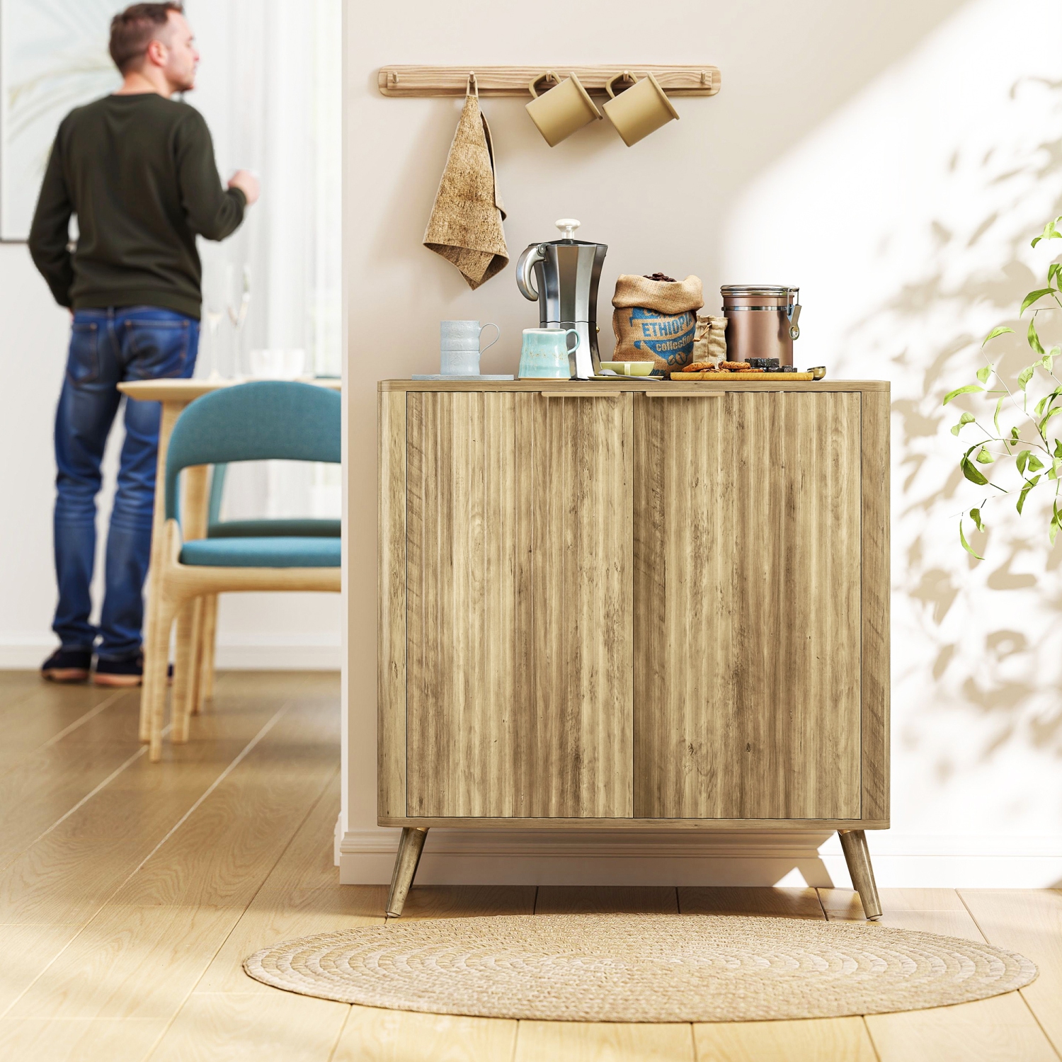 HOMCOM Fluted Sideboard Buffet Cabinet with Storage, 30" Modern Kitchen Coffee Bar Cabinet with 2 Doors, Adjustable Shelf and Wood Legs, Oak