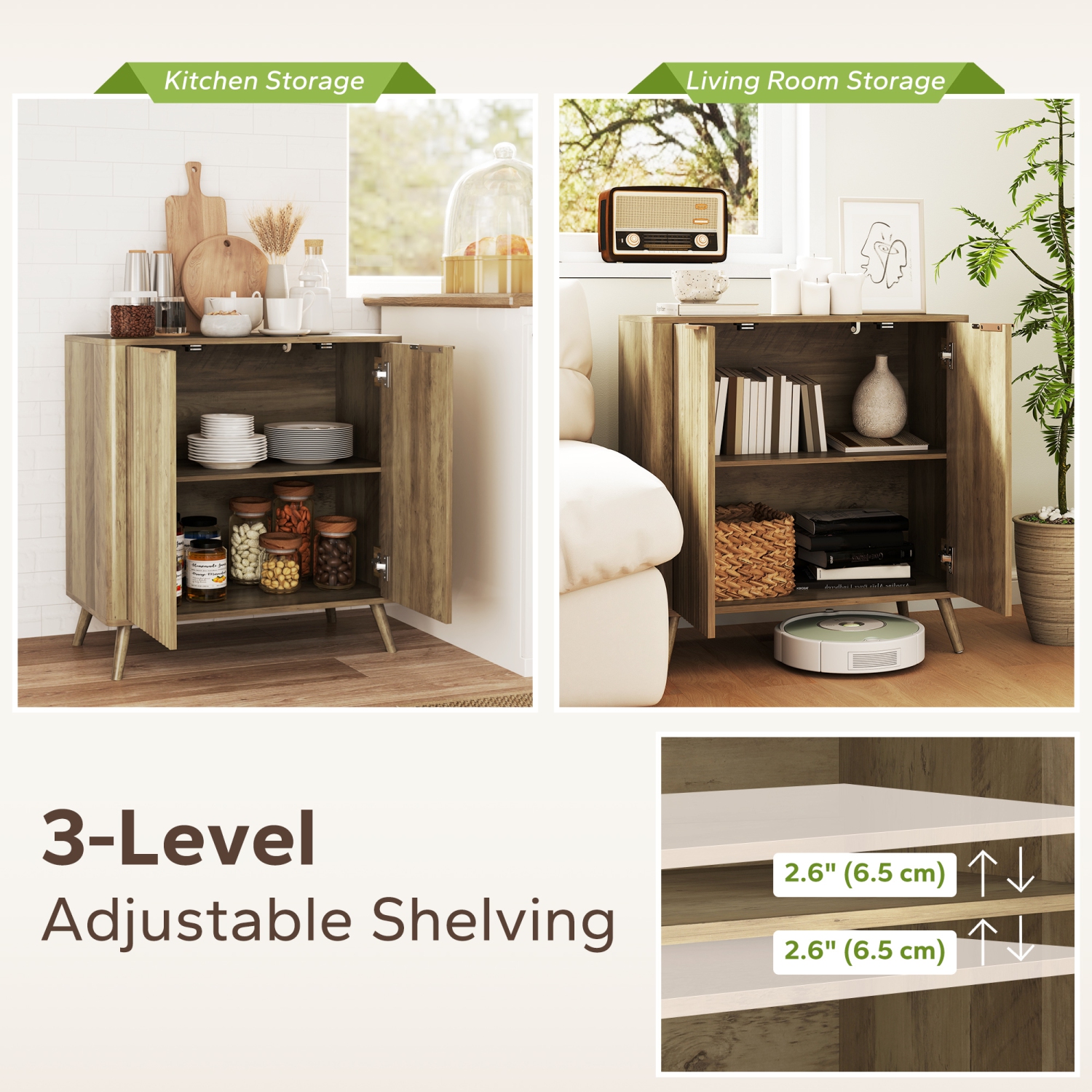 HOMCOM Fluted Sideboard Buffet Cabinet with Storage, 30" Modern Kitchen Coffee Bar Cabinet with 2 Doors, Adjustable Shelf and Wood Legs, Oak