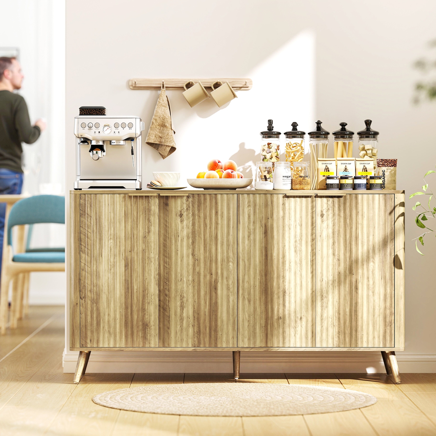 HOMCOM – Armoire de buffet cannelée avec rangement, armoire basse moderne de cuisine 55 po avec 4 portes, 2 tablettes ajustables et pattes en