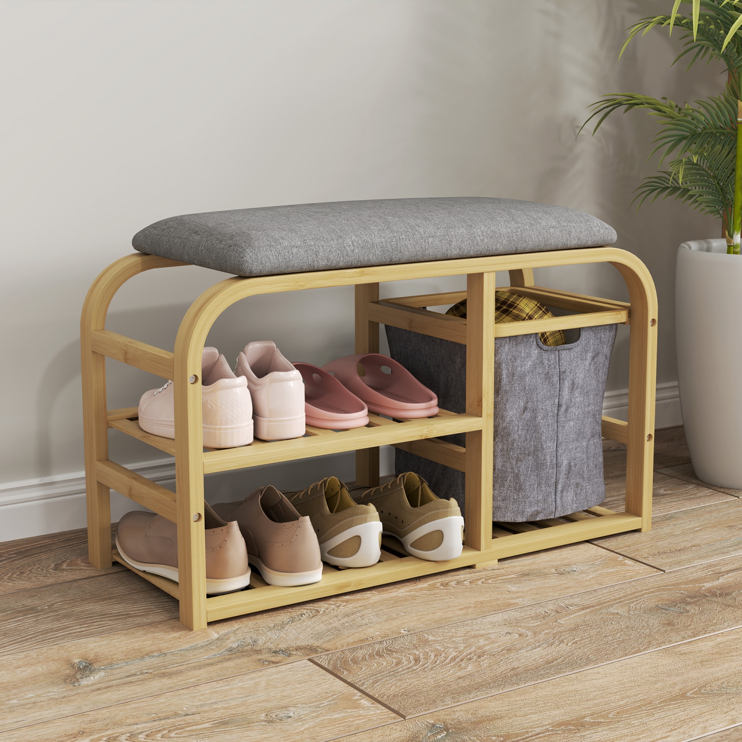 HOMCOM Bamboo Shoe Bench, Entryway Bench with Cushion, Shoe Rack, 2 Slatted Shelves and Pull-Out Fabric Basket for Hallway, Living Room, Nature Wood