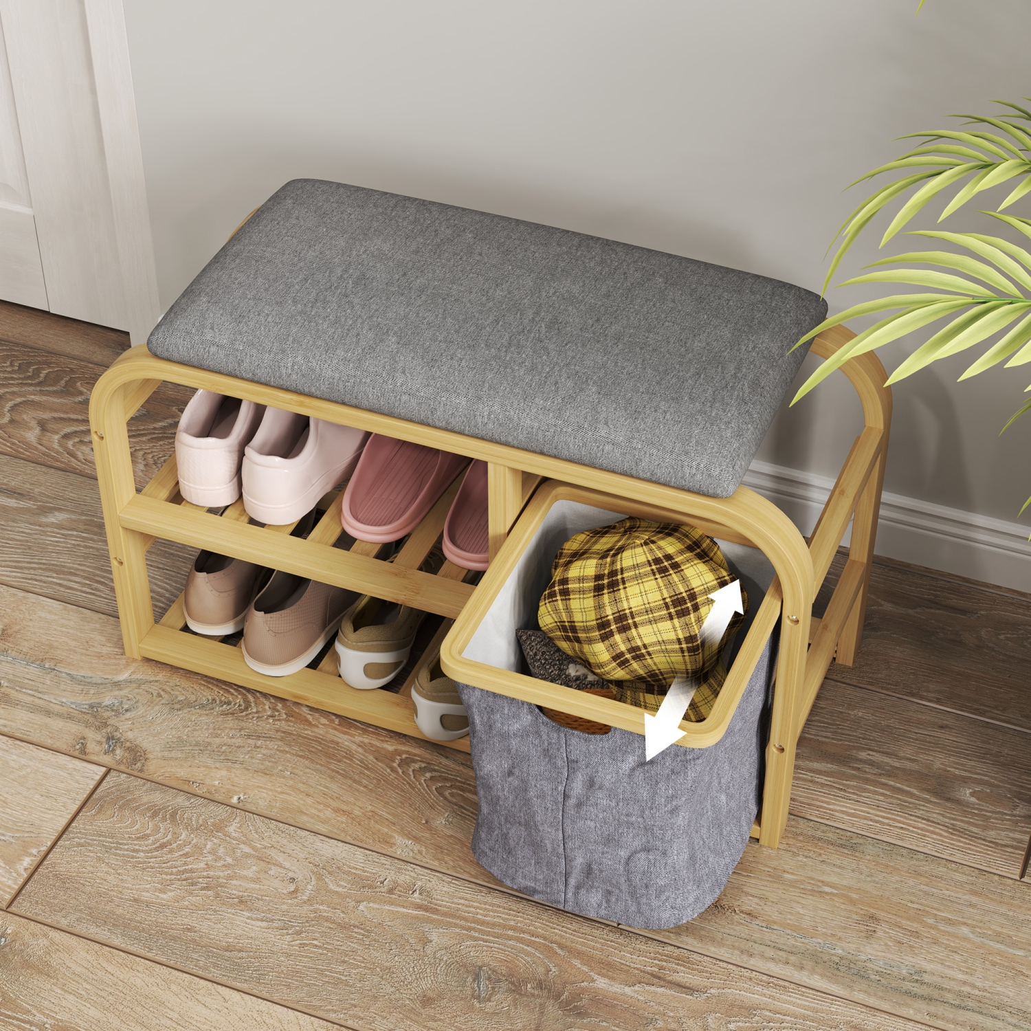 HOMCOM Bamboo Shoe Bench, Entryway Bench with Cushion, Shoe Rack, 2 Slatted Shelves and Pull-Out Fabric Basket for Hallway, Living Room, Nature Wood