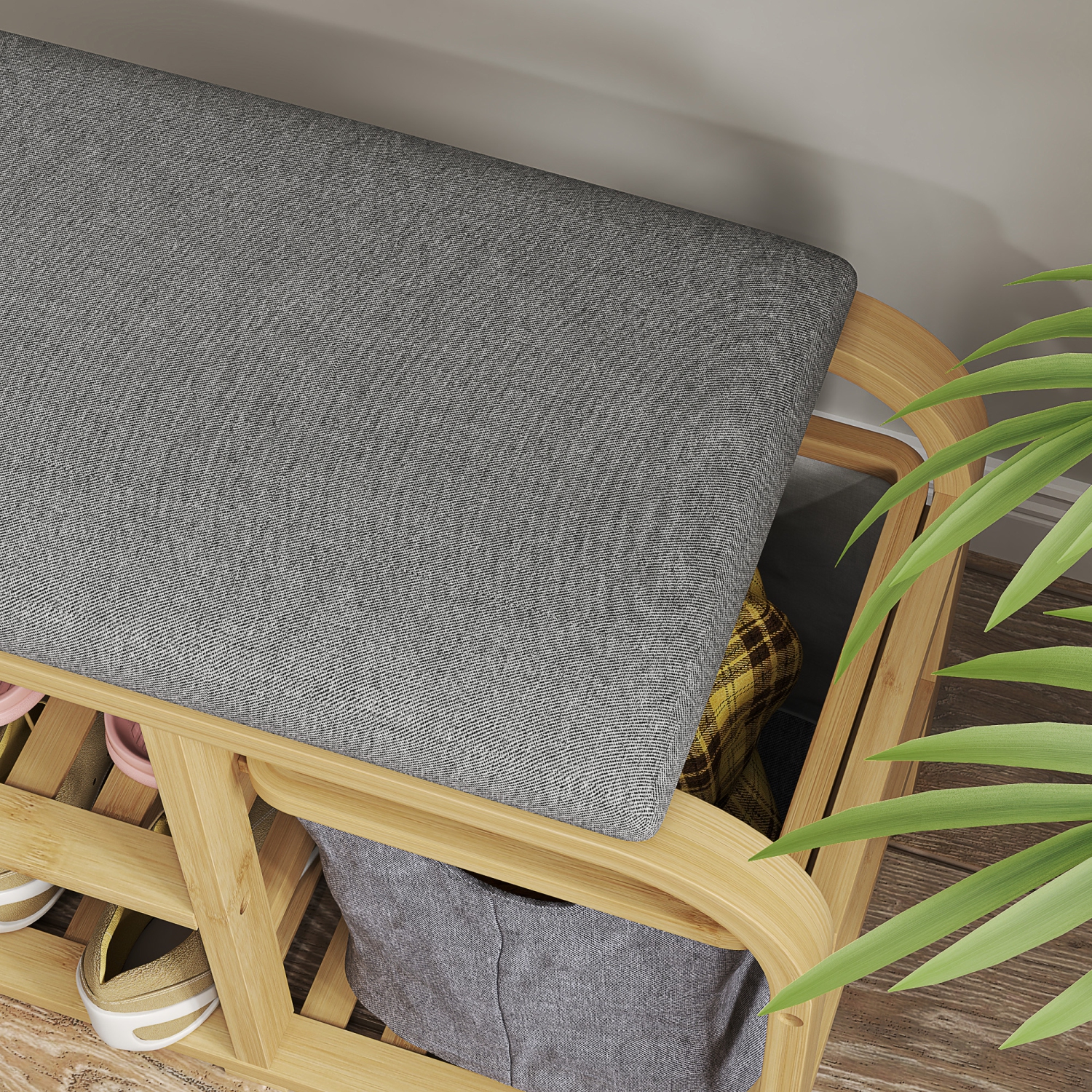 HOMCOM Bamboo Shoe Bench, Entryway Bench with Cushion, Shoe Rack, 2 Slatted Shelves and Pull-Out Fabric Basket for Hallway, Living Room, Nature Wood
