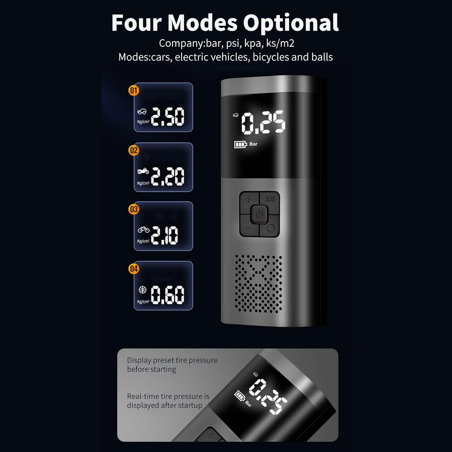 LED lighting + 6000mAh-Multi-function smart air pump | Dual turbine super fast inflation | Tire pressure preset/auto stop | Suitable for