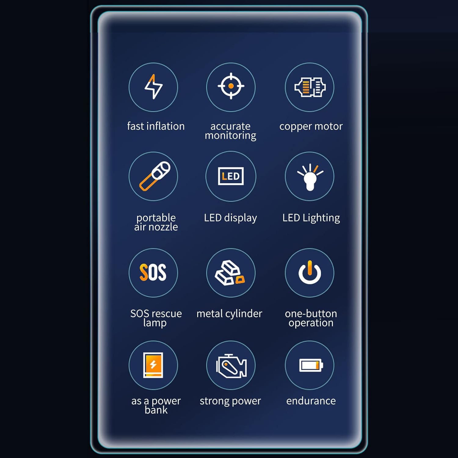 LED lighting + 6000mAh-Multi-function smart air pump | Dual turbine super fast inflation | Tire pressure preset/auto stop | Suitable for