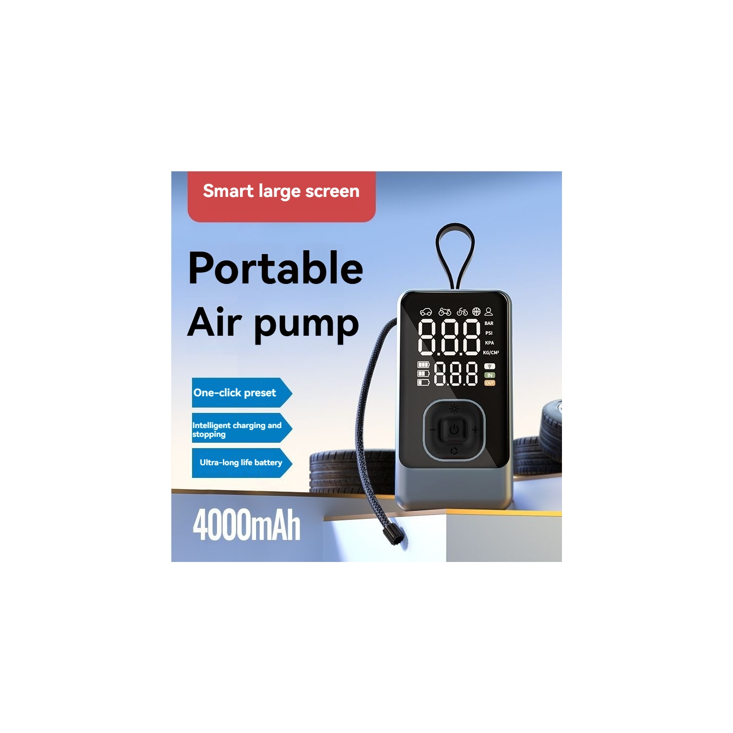 [4000&nbsp;mAh Turbo Fast Charging] Pompe à air de voiture à affichage numérique intelligent | 150&nbsp;lb/po² haute pression/4&nbsp;mois de