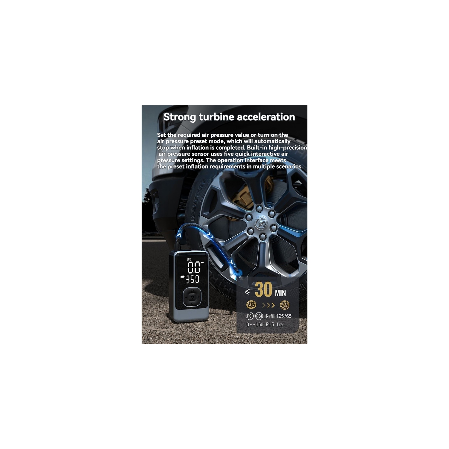 [4000&nbsp;mAh Turbo Fast Charging] Pompe à air de voiture à affichage numérique intelligent | 150&nbsp;lb/po² haute pression/4&nbsp;mois de