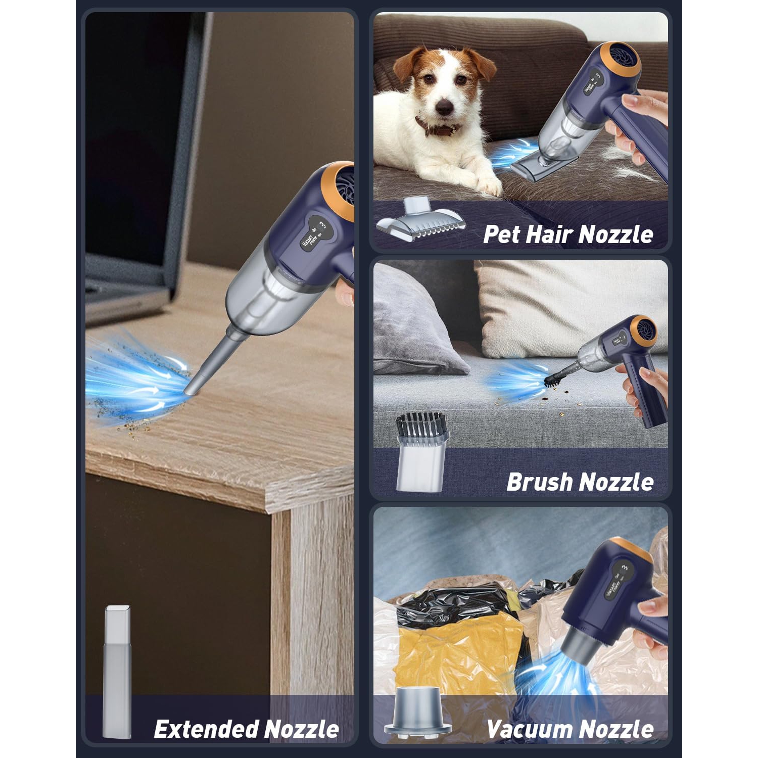 Musclez 4-in-1 Handheld Vacuum Cleaner - 15000Pa Cordless Vacuum with LED Display, Rechargeable, Suction and Blowing Functions for Car, Home, Office