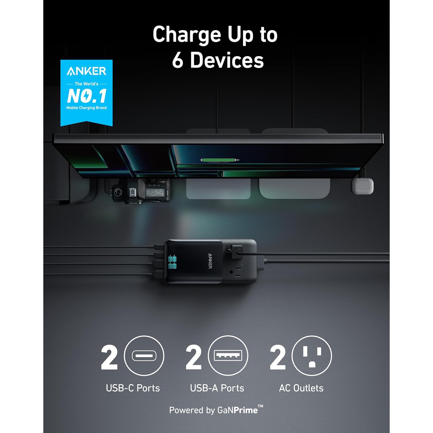 Station de chargement USB-C 6-en-1 Prime d'Anker - Barre d'alimentation compacte 140 W pour le travail et les voyages, Rallonge amovible