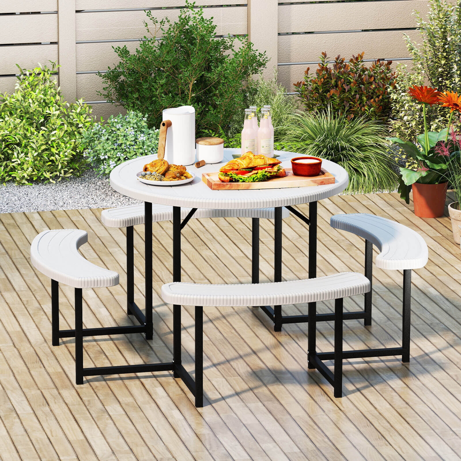 Costway Round Picnic Table Bench Set with 4 Benches Umbrella Hole All Weather Tabletop White/Green/Gray/Black