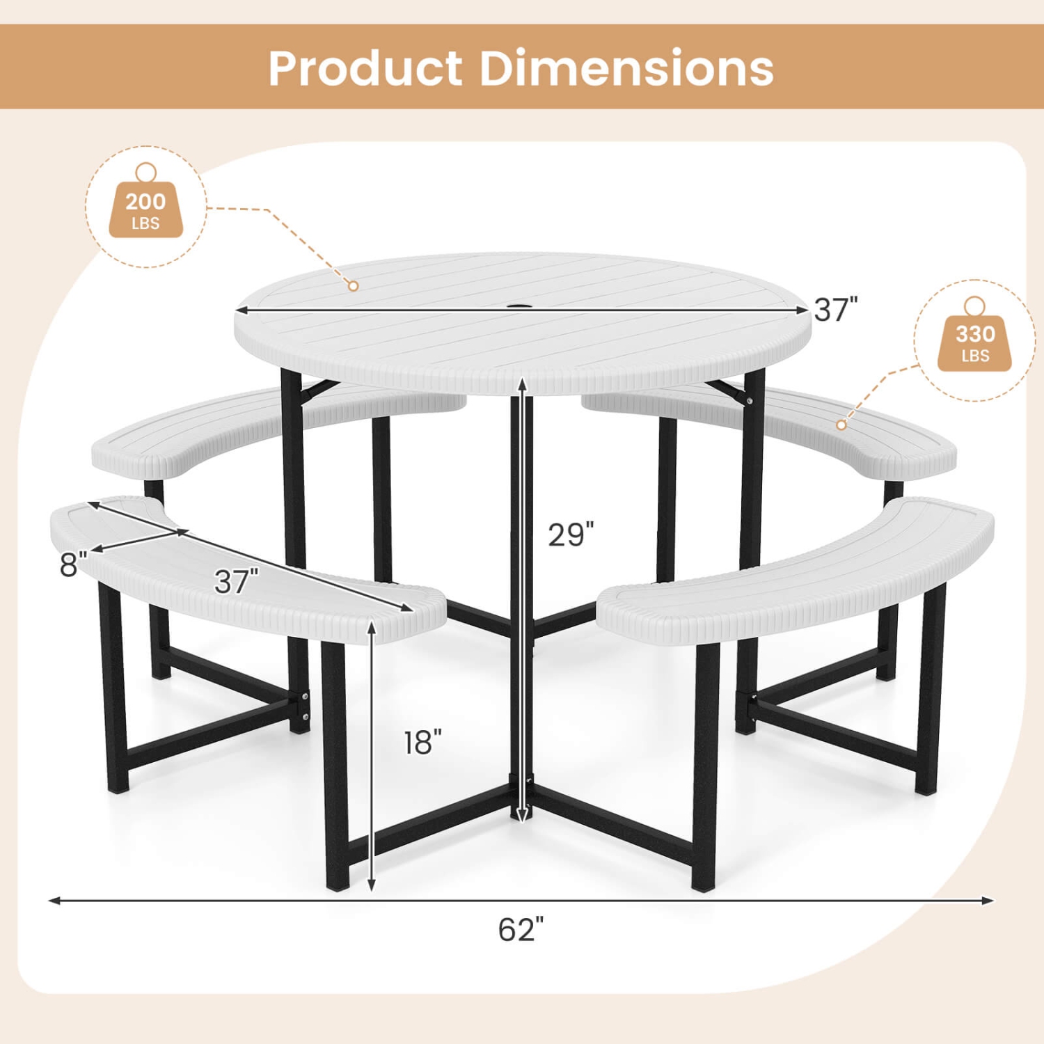 Costway Round Picnic Table Bench Set with 4 Benches Umbrella Hole All Weather Tabletop White/Green/Gray/Black