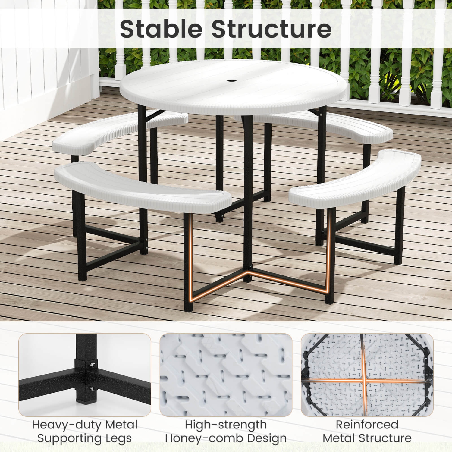 Costway Round Picnic Table Bench Set with 4 Benches Umbrella Hole All Weather Tabletop White/Green/Gray/Black