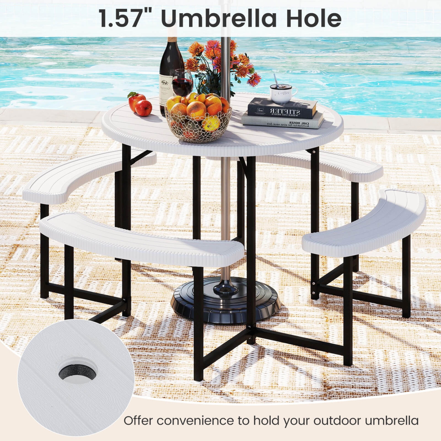 Costway Round Picnic Table Bench Set with 4 Benches Umbrella Hole All Weather Tabletop White/Green/Gray/Black