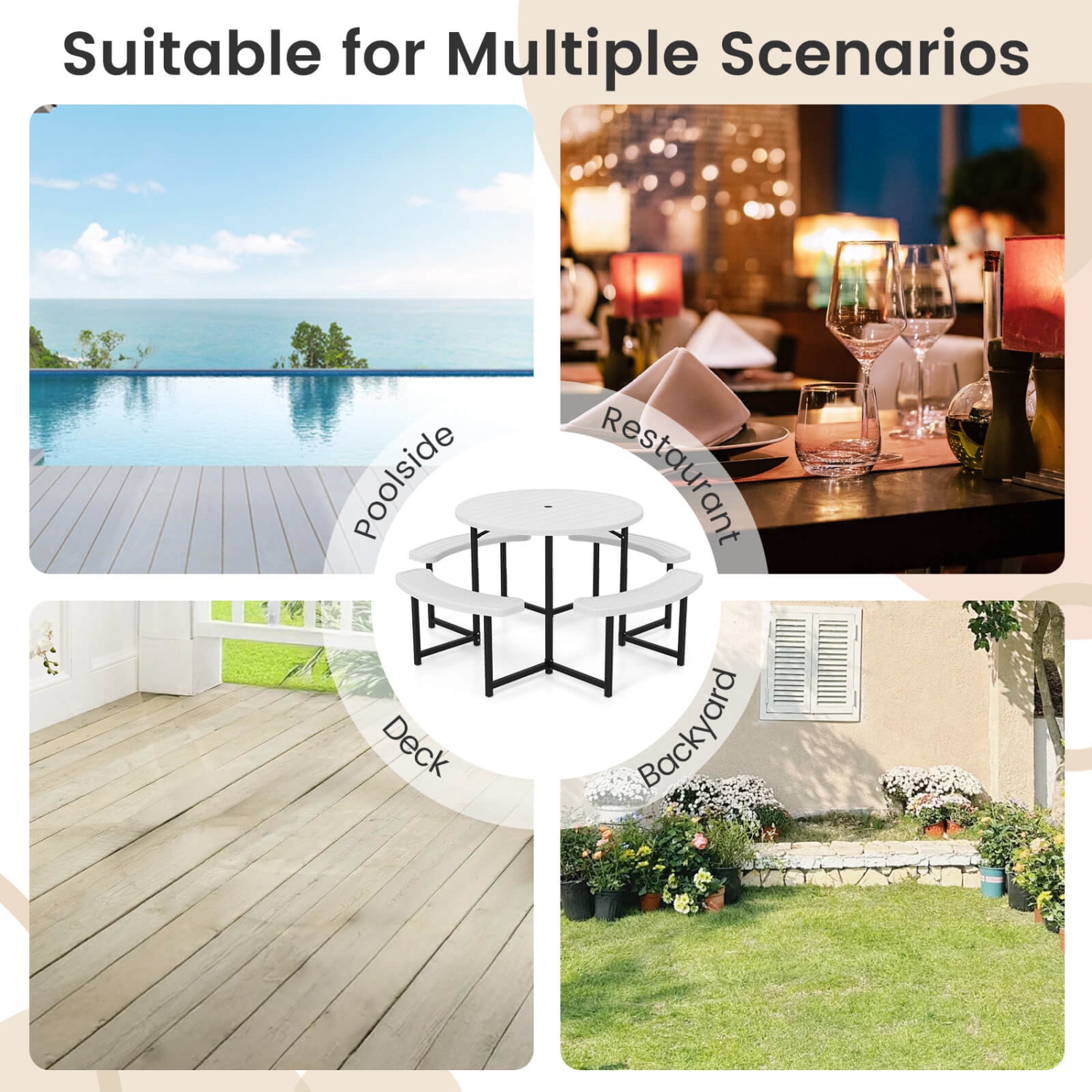 Costway Round Picnic Table Bench Set with 4 Benches Umbrella Hole All Weather Tabletop White/Green/Gray/Black