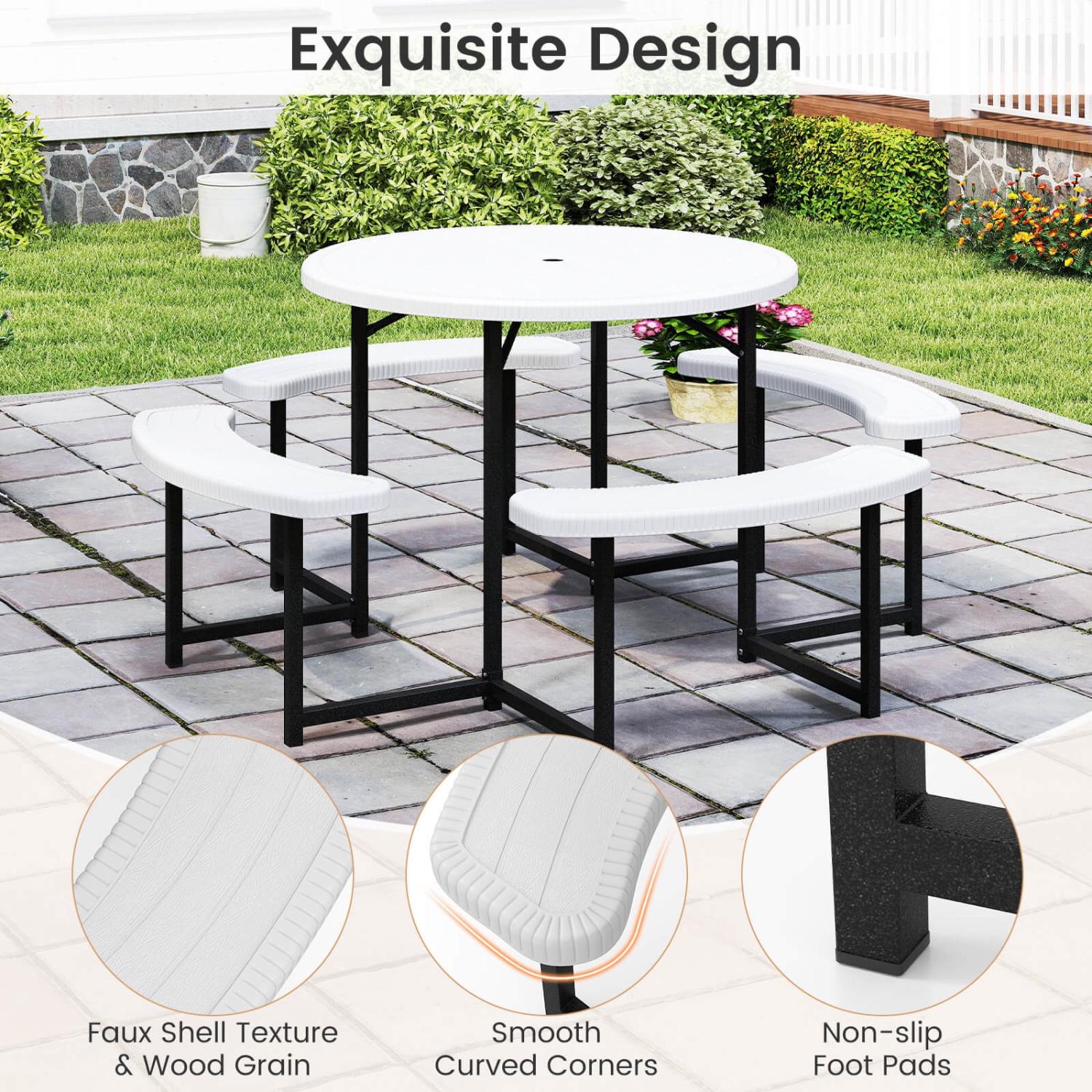 Costway Round Picnic Table Bench Set with 4 Benches Umbrella Hole All Weather Tabletop White/Green/Gray/Black