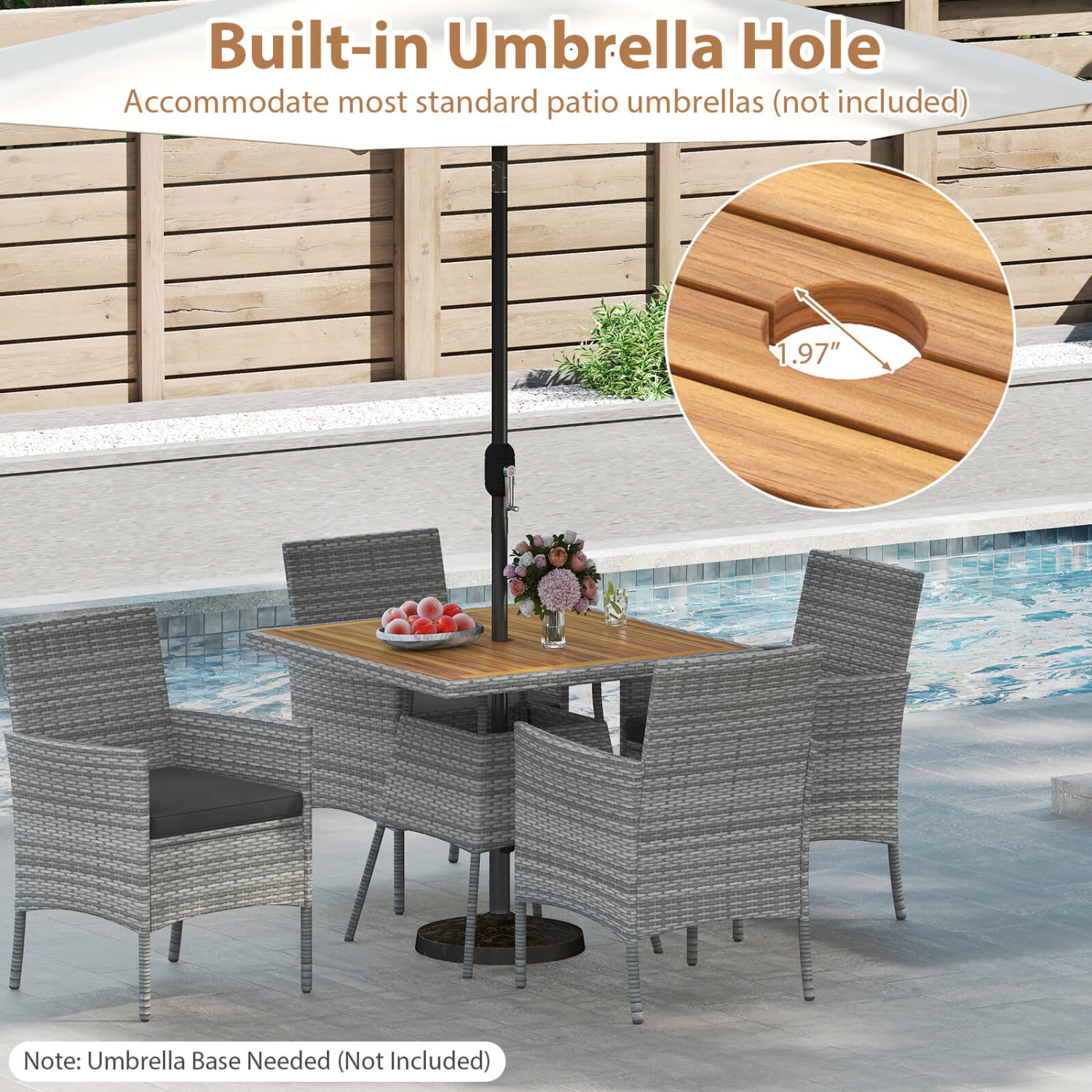 Costway 5 Pieces PE Wicker Patio Dining Set with Cushions and 1.97" Umbrella Hole