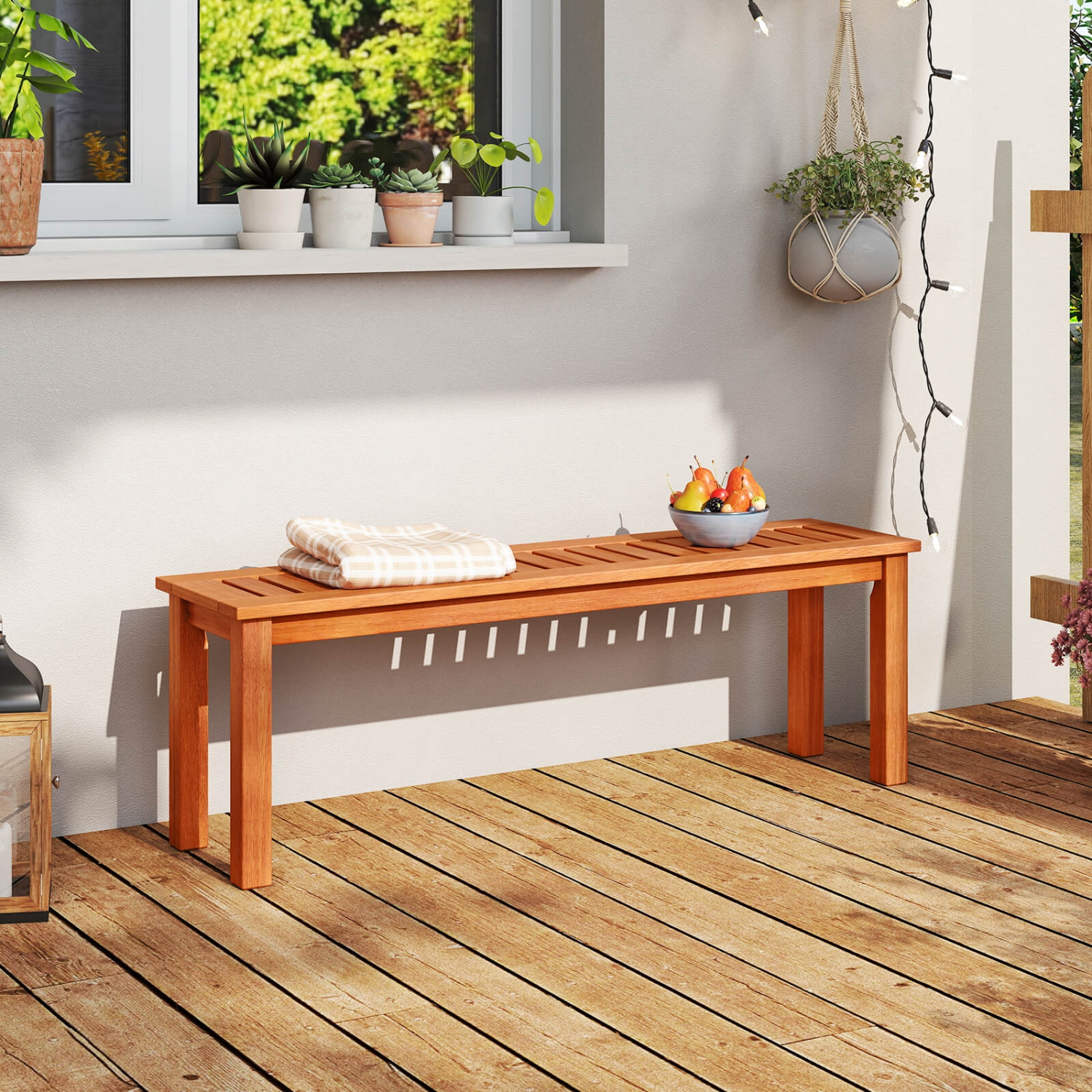 Costway 1/2 PCS 47 Inch Patio Wood Bench 2-Person Backless Bench with Slatted Seat Teak