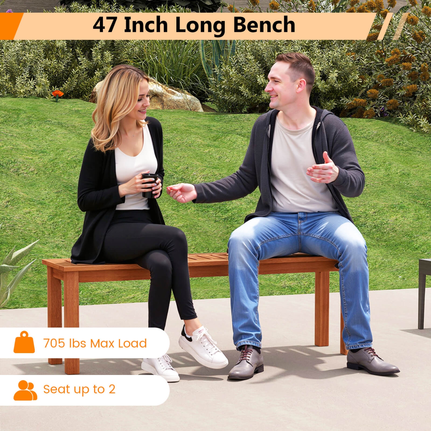 Costway 1/2 PCS 47 Inch Patio Wood Bench 2-Person Backless Bench with Slatted Seat Teak