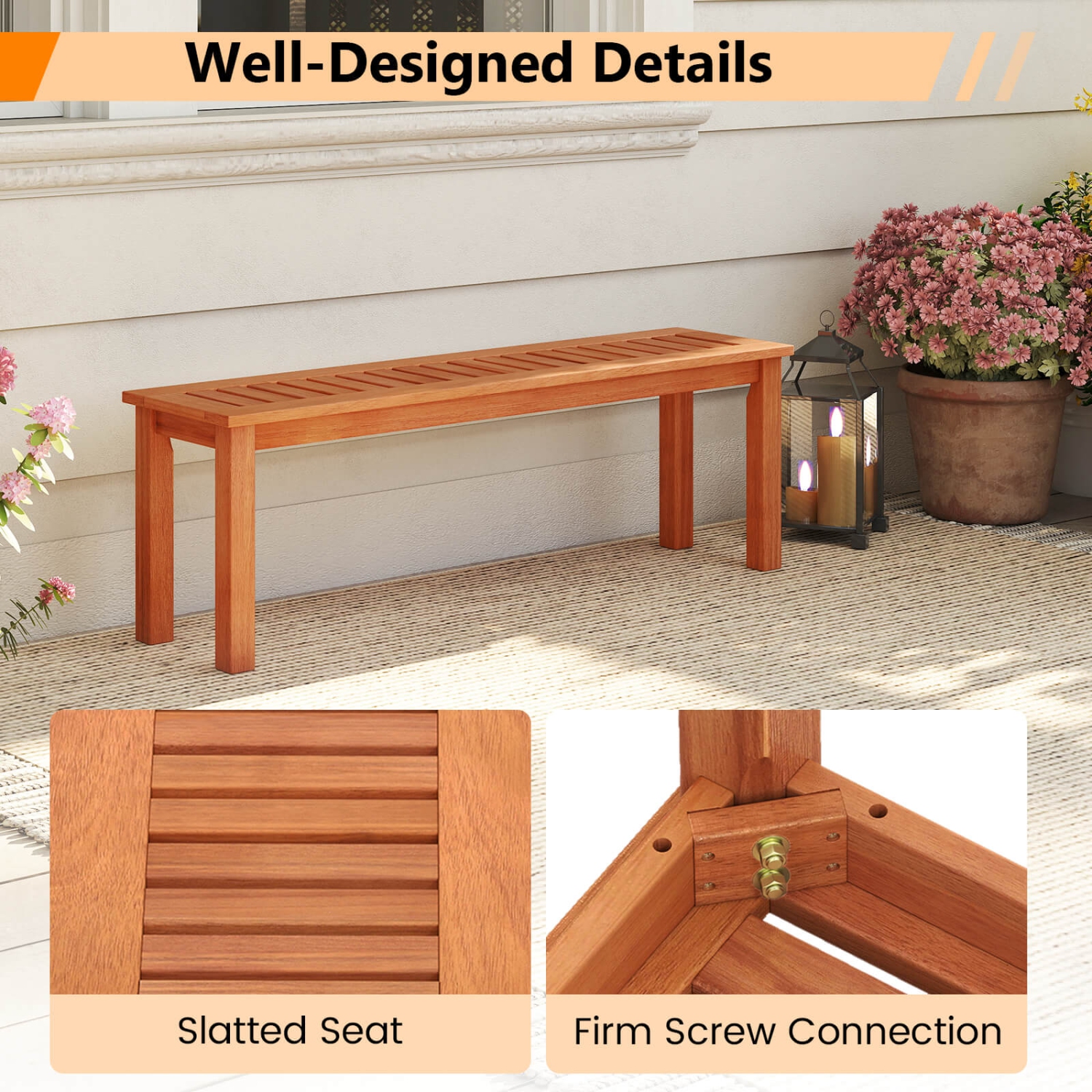 Costway 1/2 PCS 47 Inch Patio Wood Bench 2-Person Backless Bench with Slatted Seat Teak