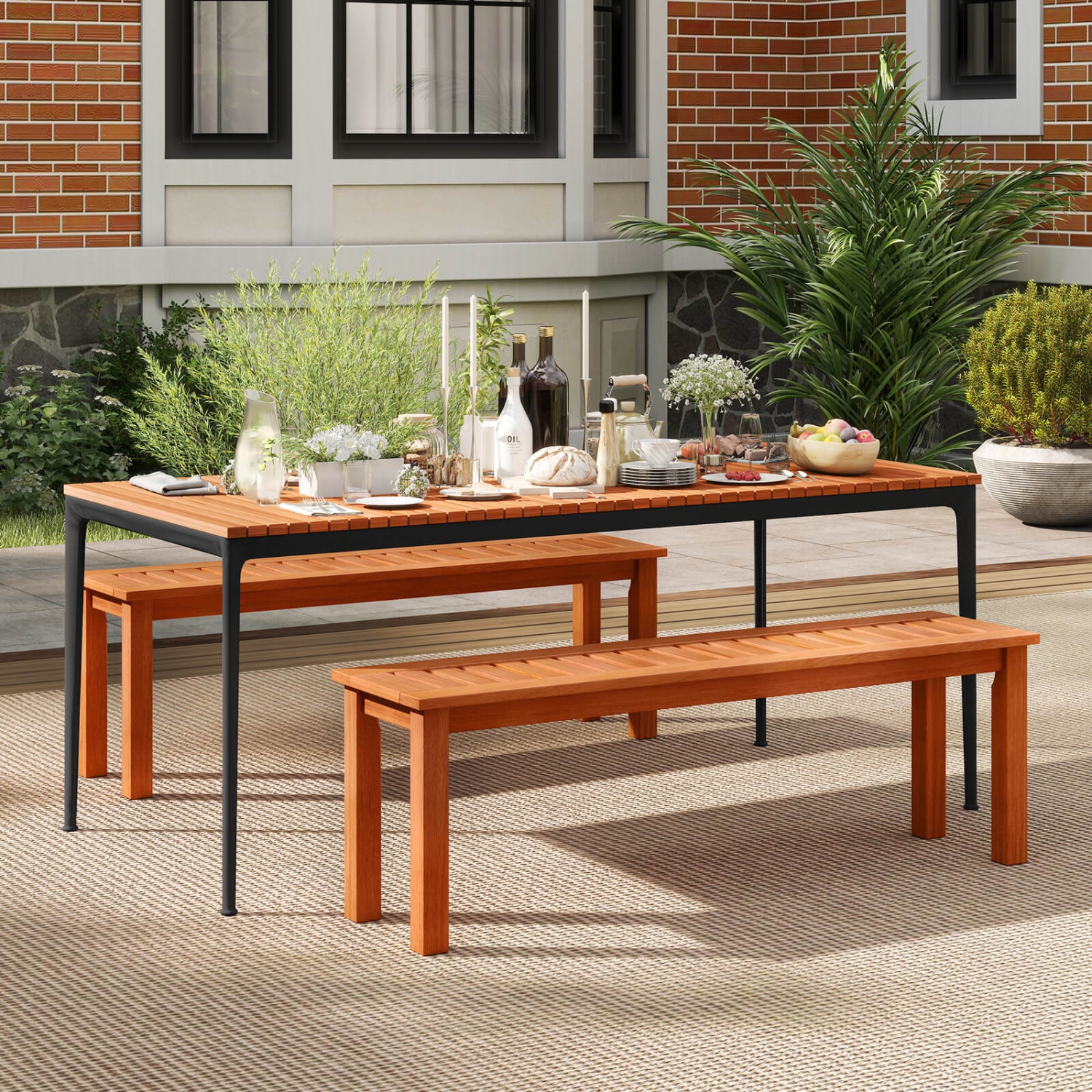 Costway 1/2 PCS 47 Inch Patio Wood Bench 2-Person Backless Bench with Slatted Seat Teak