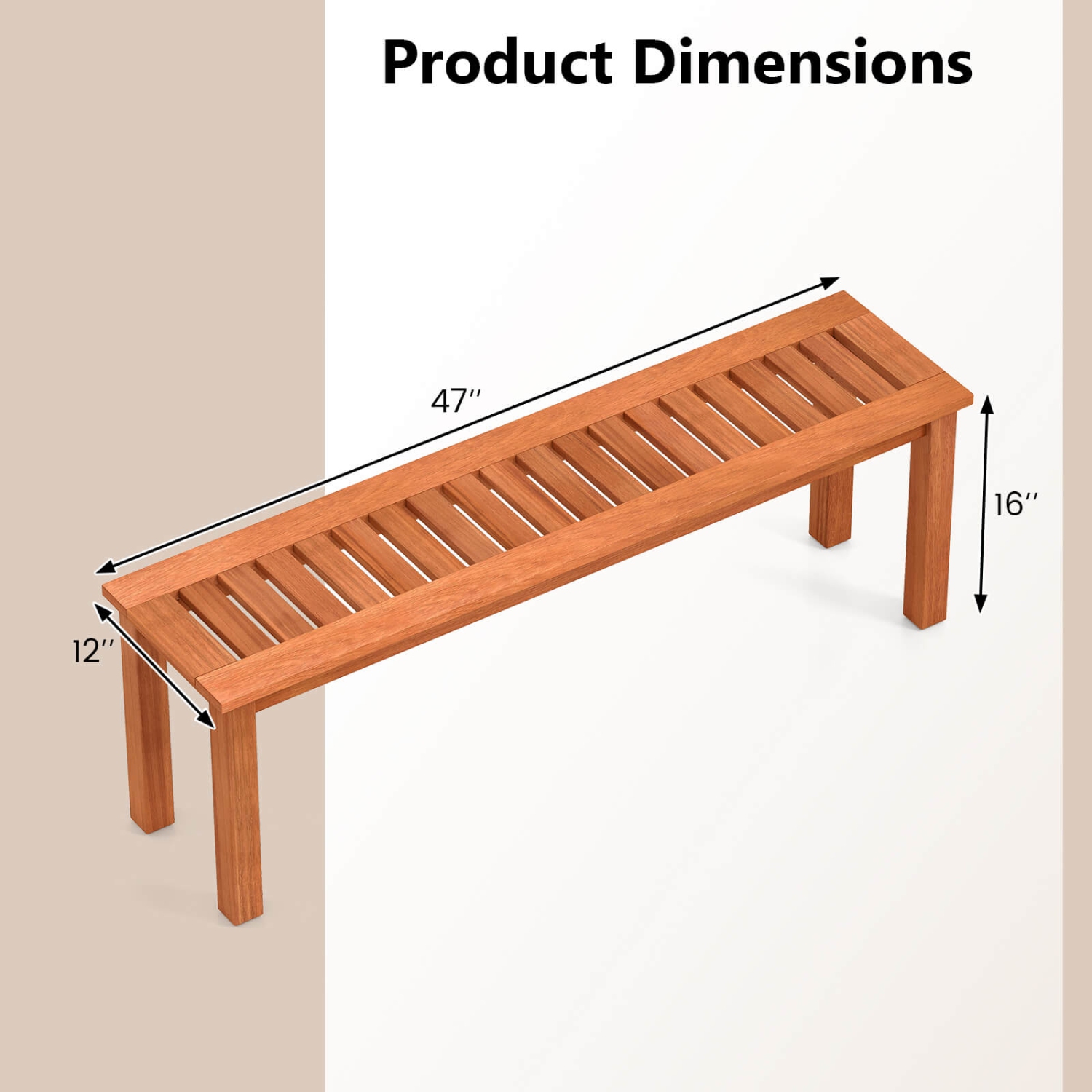 Costway 1/2 PCS 47 Inch Patio Wood Bench 2-Person Backless Bench with Slatted Seat Teak