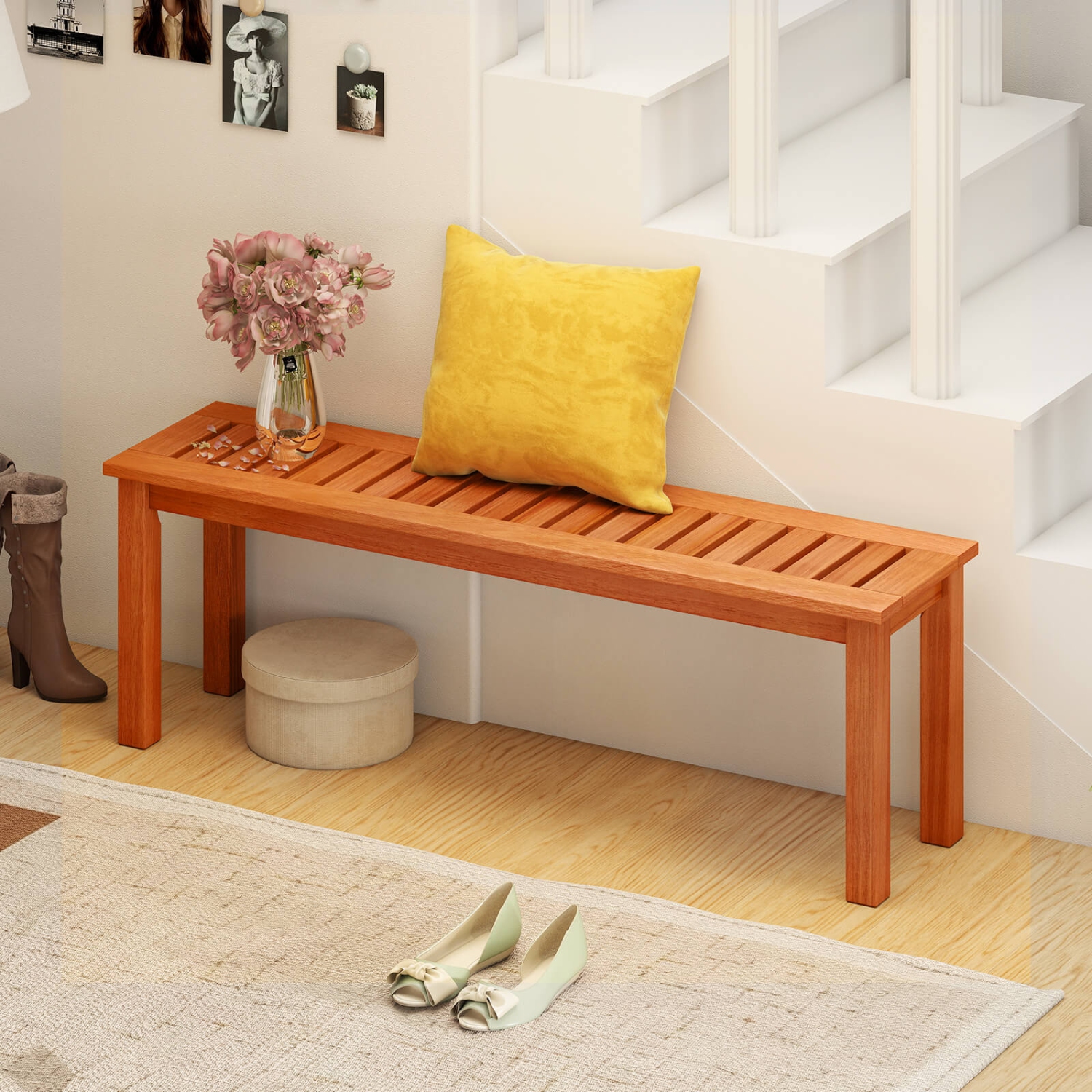 Costway 1/2 PCS 47 Inch Patio Wood Bench 2-Person Backless Bench with Slatted Seat Teak