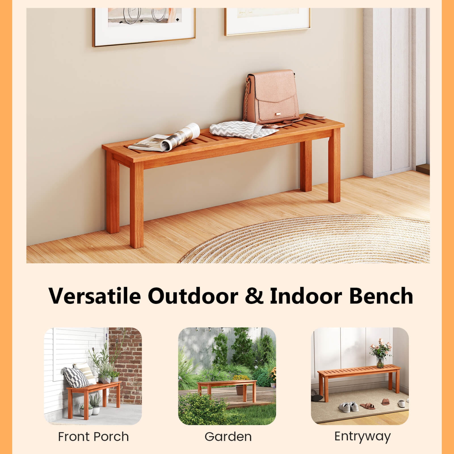 Costway 1/2 PCS 47 Inch Patio Wood Bench 2-Person Backless Bench with Slatted Seat Teak