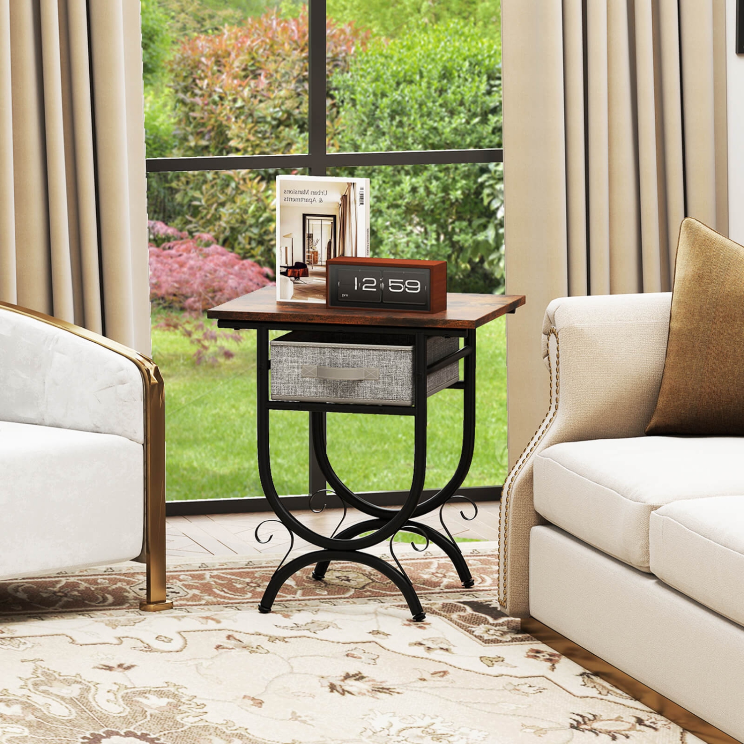 Costway 1/2 PCS Side Table with Fabric Drawer Carved Metal Frame Industrial End Table Nightstand