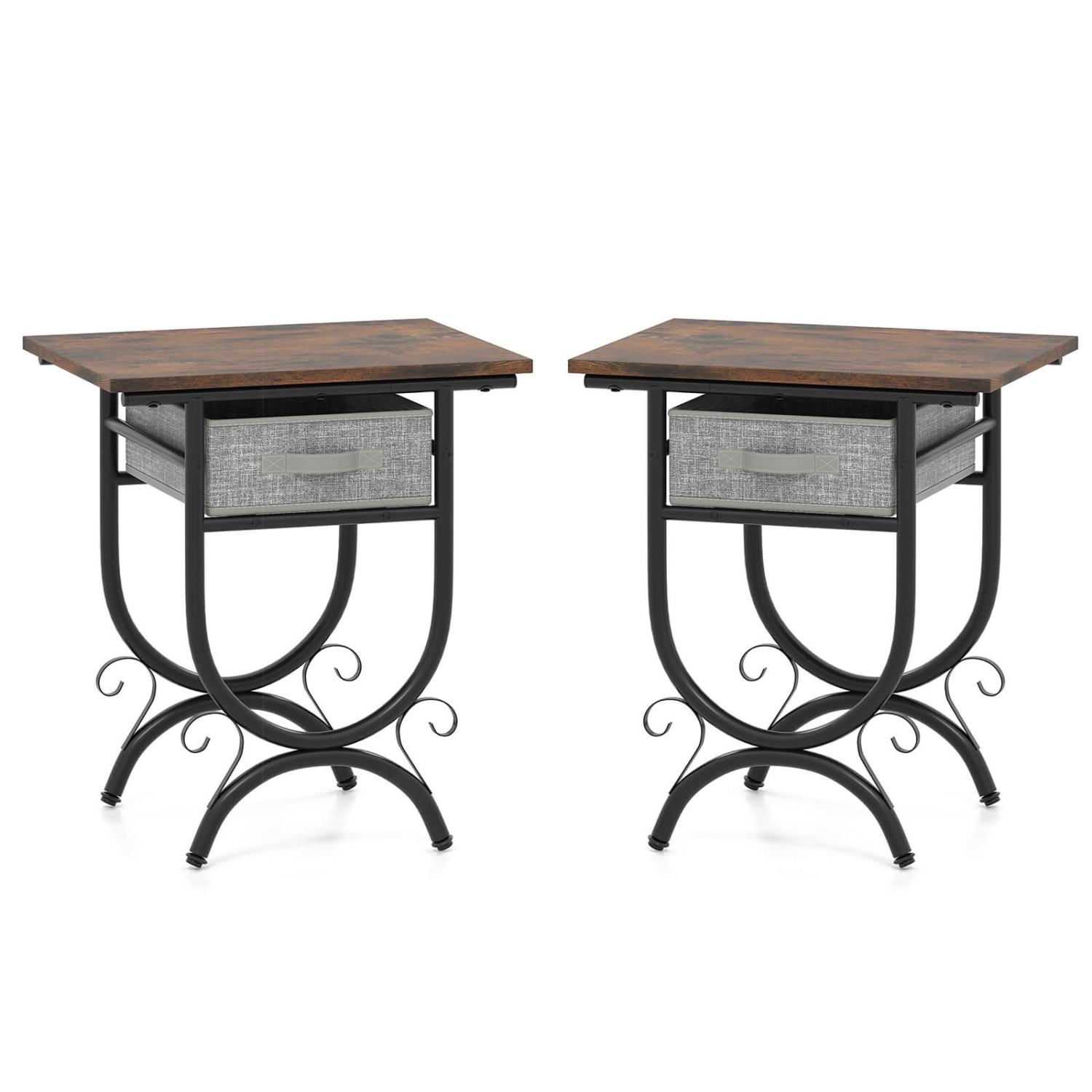 Costway 1/2 PCS Side Table with Fabric Drawer Carved Metal Frame Industrial End Table Nightstand