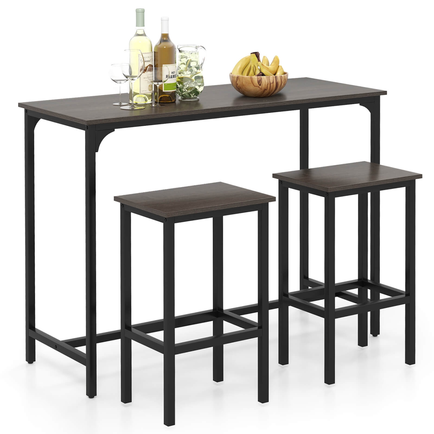 Costway 3 PCS Counter Height Table Set with Footrests Rectangular Pub Table & Chairs Brown/Gray/Black