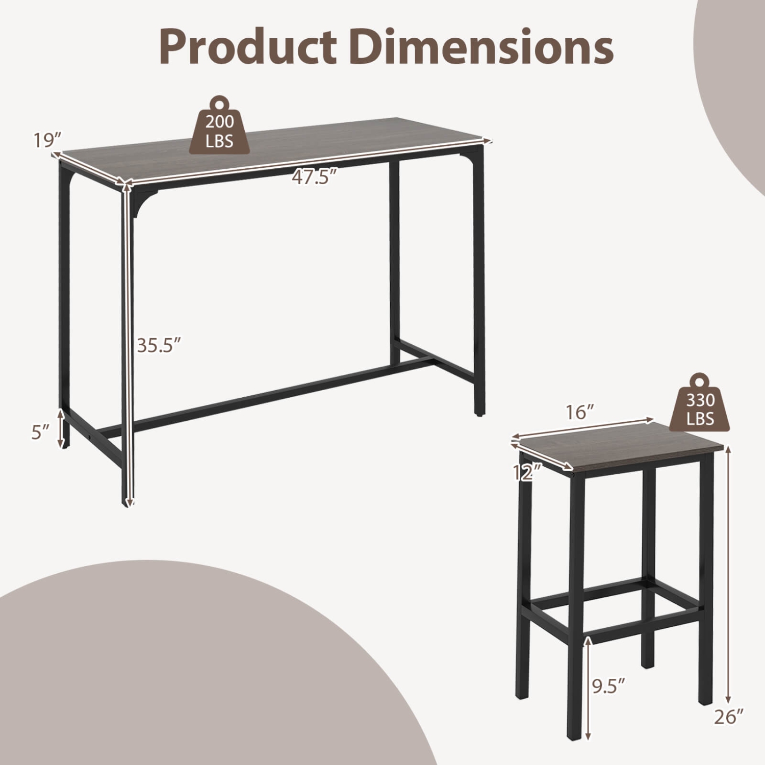 Costway 3 PCS Counter Height Table Set with Footrests Rectangular Pub Table & Chairs Brown/Gray/Black