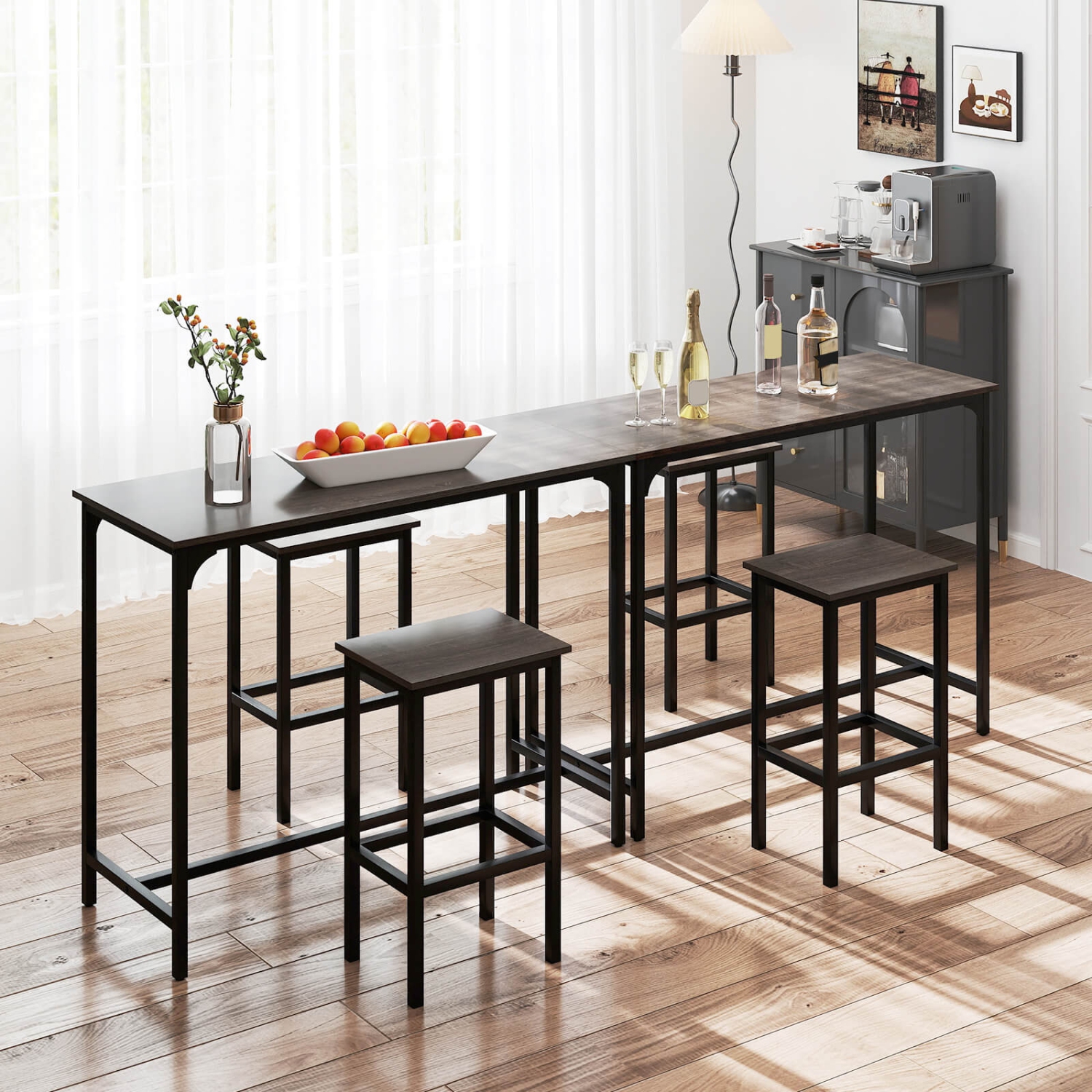 Costway 3 PCS Counter Height Table Set with Footrests Rectangular Pub Table & Chairs Brown/Gray/Black