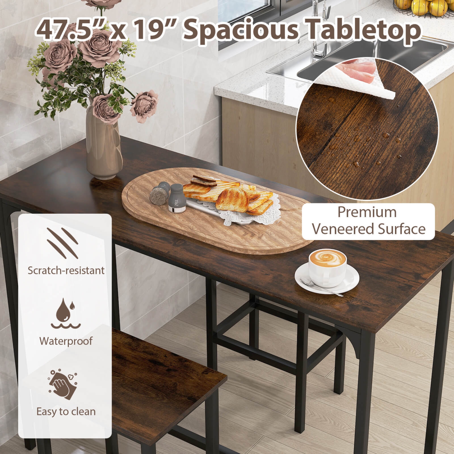 Costway 3 PCS Counter Height Table Set with Footrests Rectangular Pub Table & Chairs Brown/Gray/Black