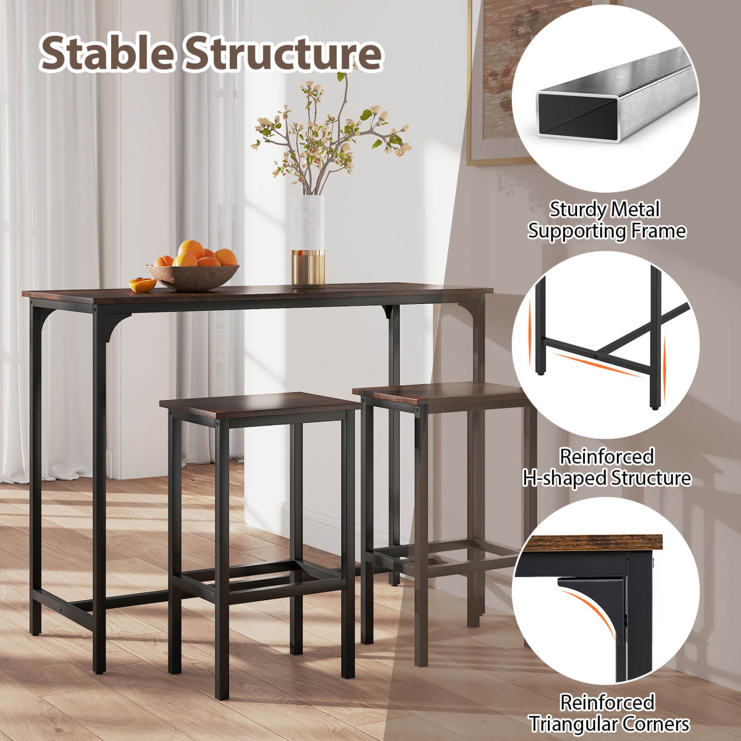 Costway 3 PCS Counter Height Table Set with Footrests Rectangular Pub Table & Chairs Brown/Gray/Black