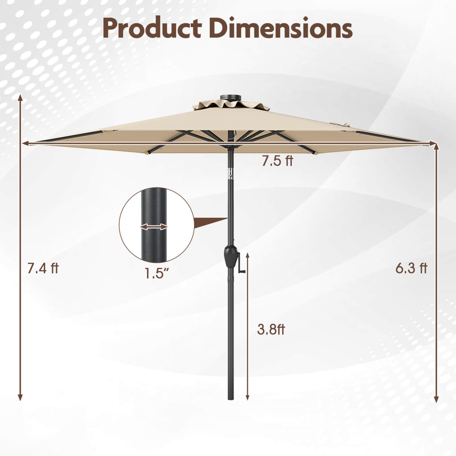 Costway 7.5 ft Solar Powered Patio Umbrella with LED Lights Push Button Tilt Crank Handle Beige/Gray/Navy/Black/Brown/Red