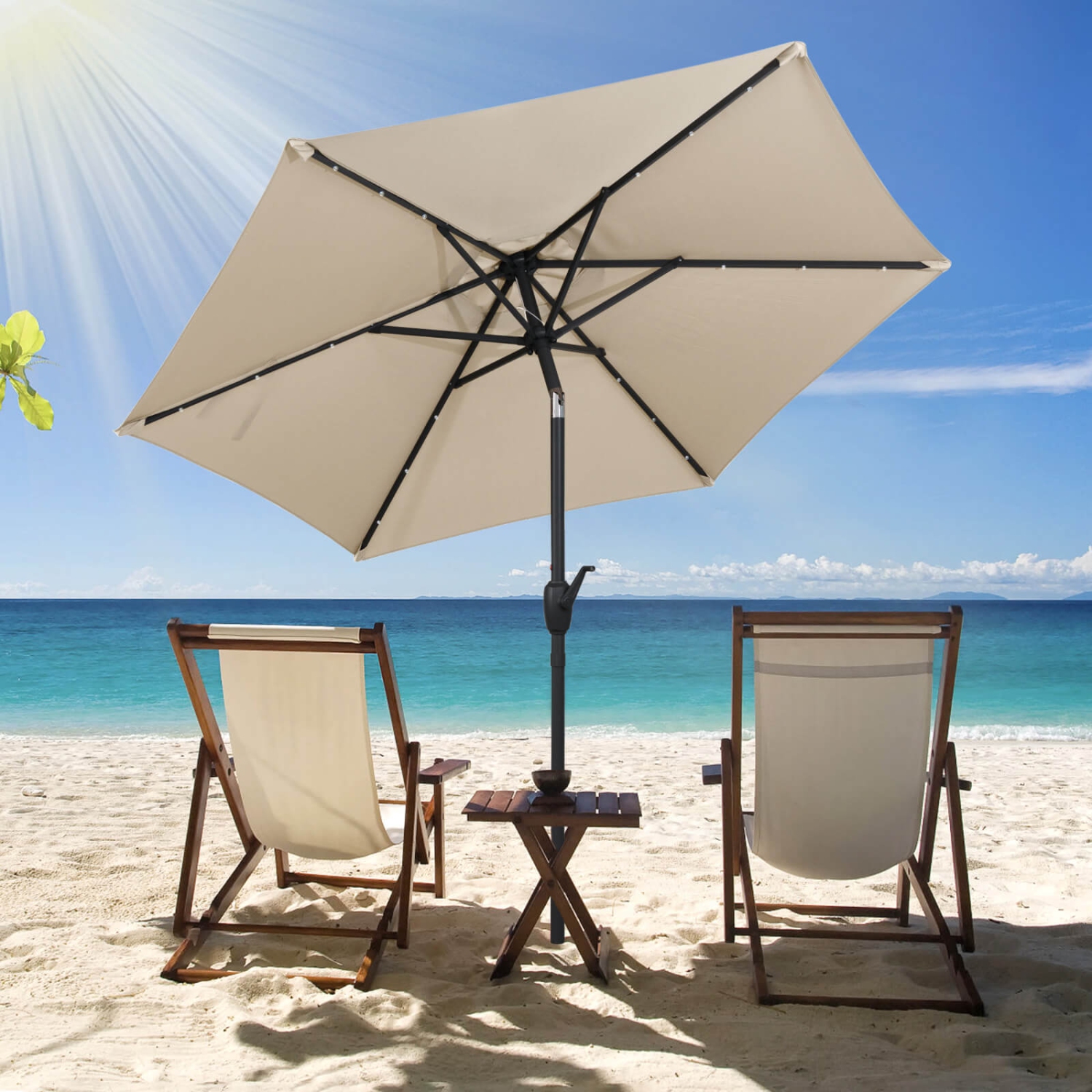 Costway 7.5 ft Solar Powered Patio Umbrella with LED Lights Push Button Tilt Crank Handle Beige/Gray/Navy/Black/Brown/Red