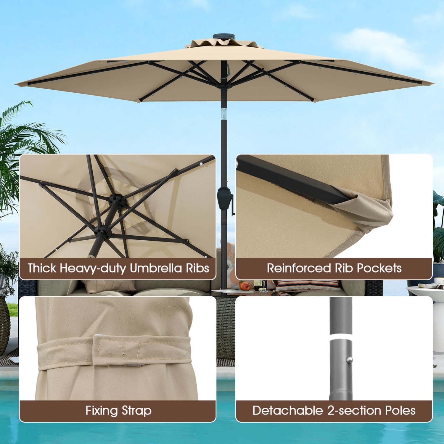 Costway 7.5 ft Solar Powered Patio Umbrella with LED Lights Push Button Tilt Crank Handle Beige/Gray/Navy/Black/Brown/Red