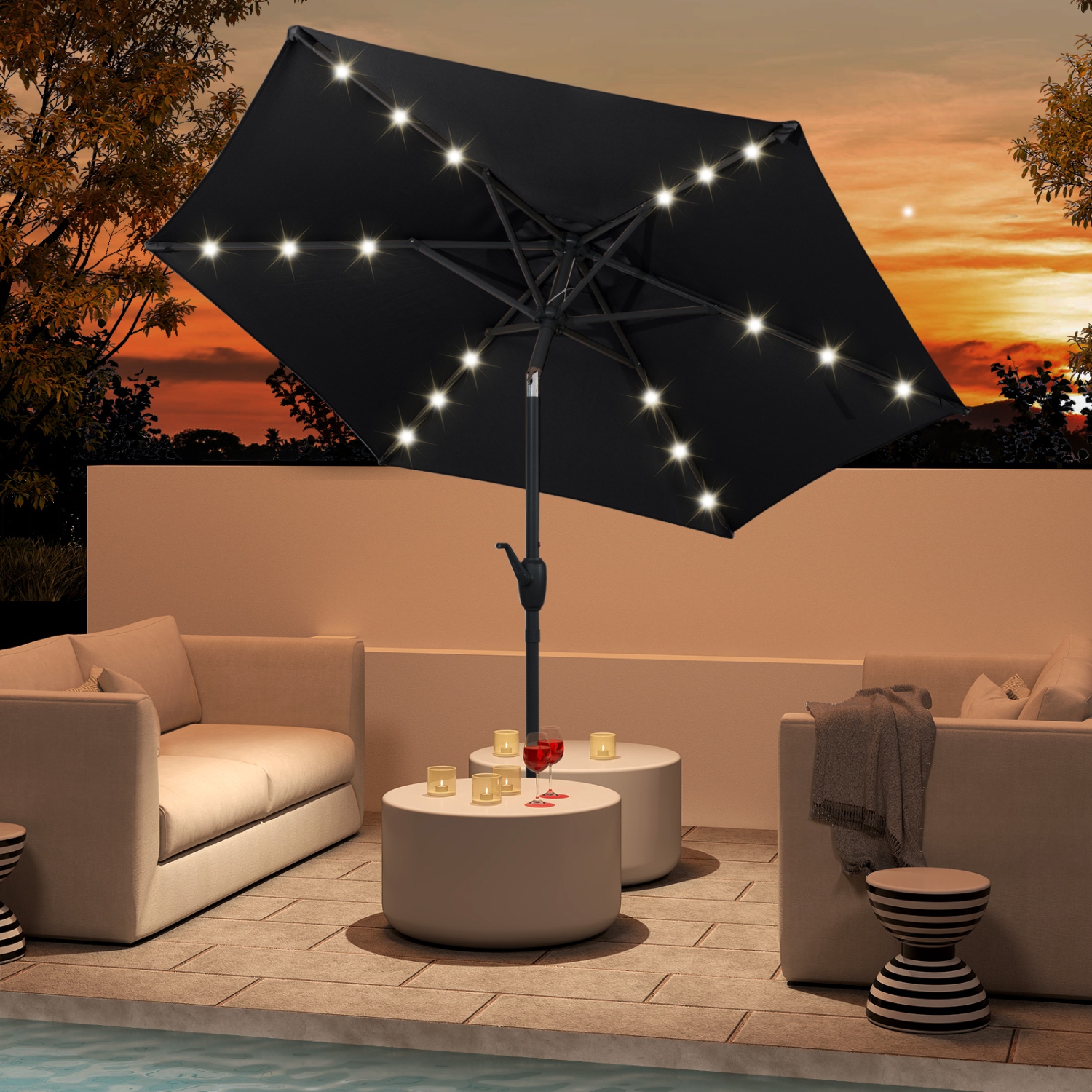 Costway 7.5 ft Solar Powered Patio Umbrella with LED Lights Push Button Tilt Crank Handle Beige/Gray/Navy/Black/Brown/Red
