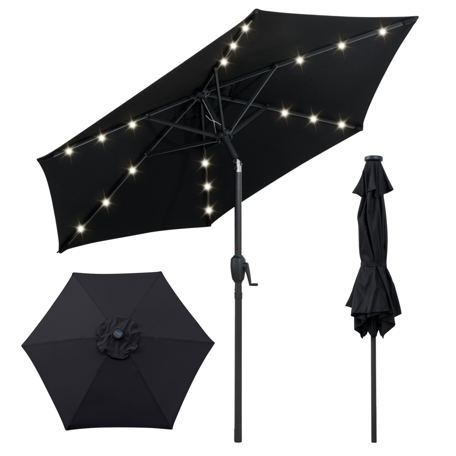 Costway 7.5 ft Solar Powered Patio Umbrella with LED Lights Push Button Tilt Crank Handle Beige/Gray/Navy/Black/Brown/Red