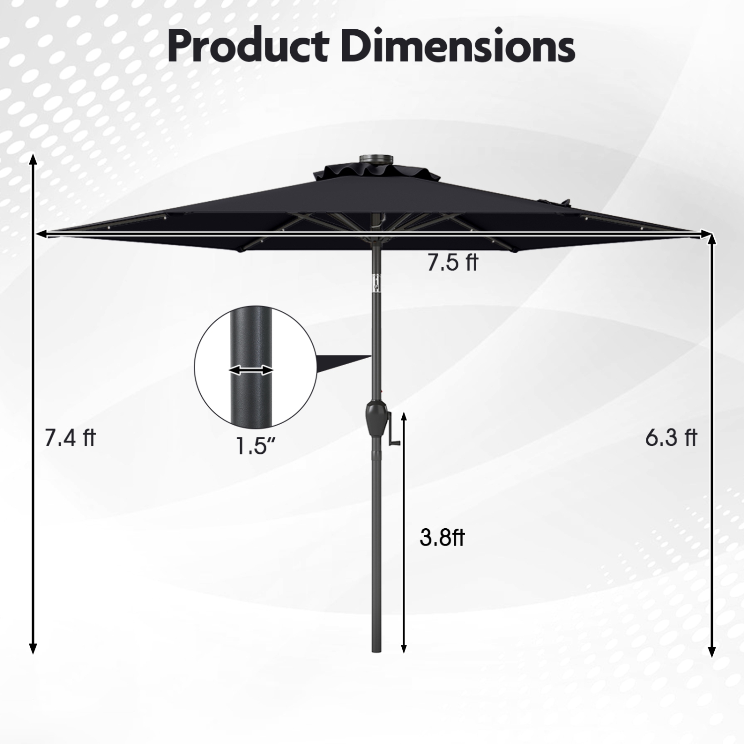 Costway 7.5 ft Solar Powered Patio Umbrella with LED Lights Push Button Tilt Crank Handle Beige/Gray/Navy/Black/Brown/Red
