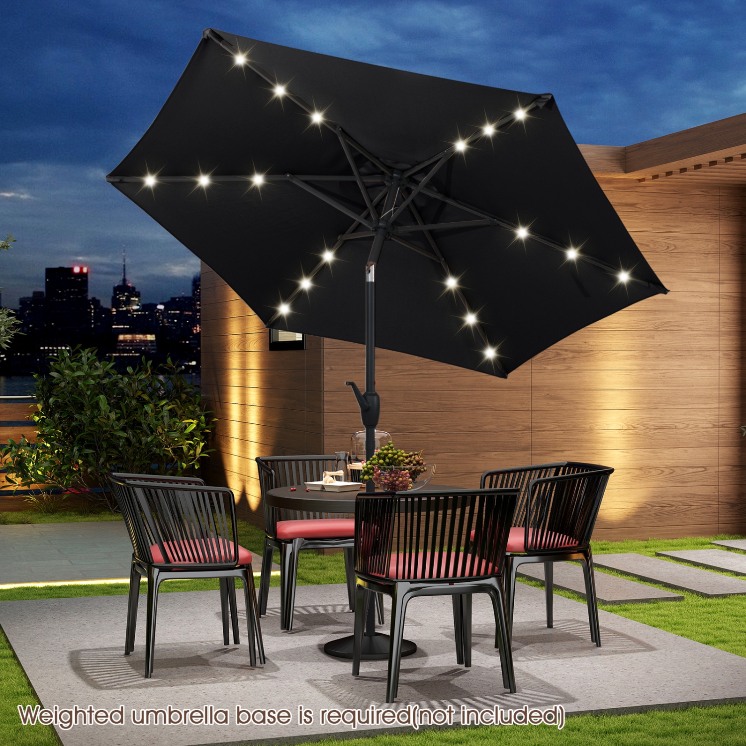 Costway 7.5 ft Solar Powered Patio Umbrella with LED Lights Push Button Tilt Crank Handle Beige/Gray/Navy/Black/Brown/Red