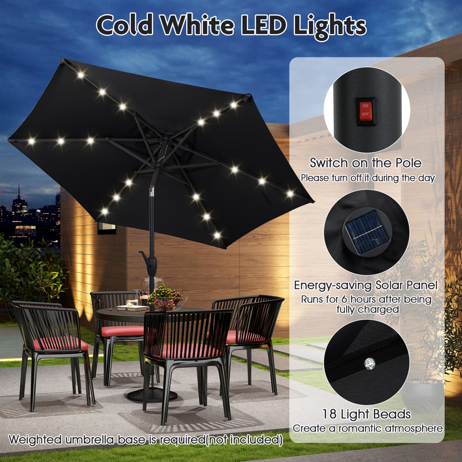 Costway 7.5 ft Solar Powered Patio Umbrella with LED Lights Push Button Tilt Crank Handle Beige/Gray/Navy/Black/Brown/Red
