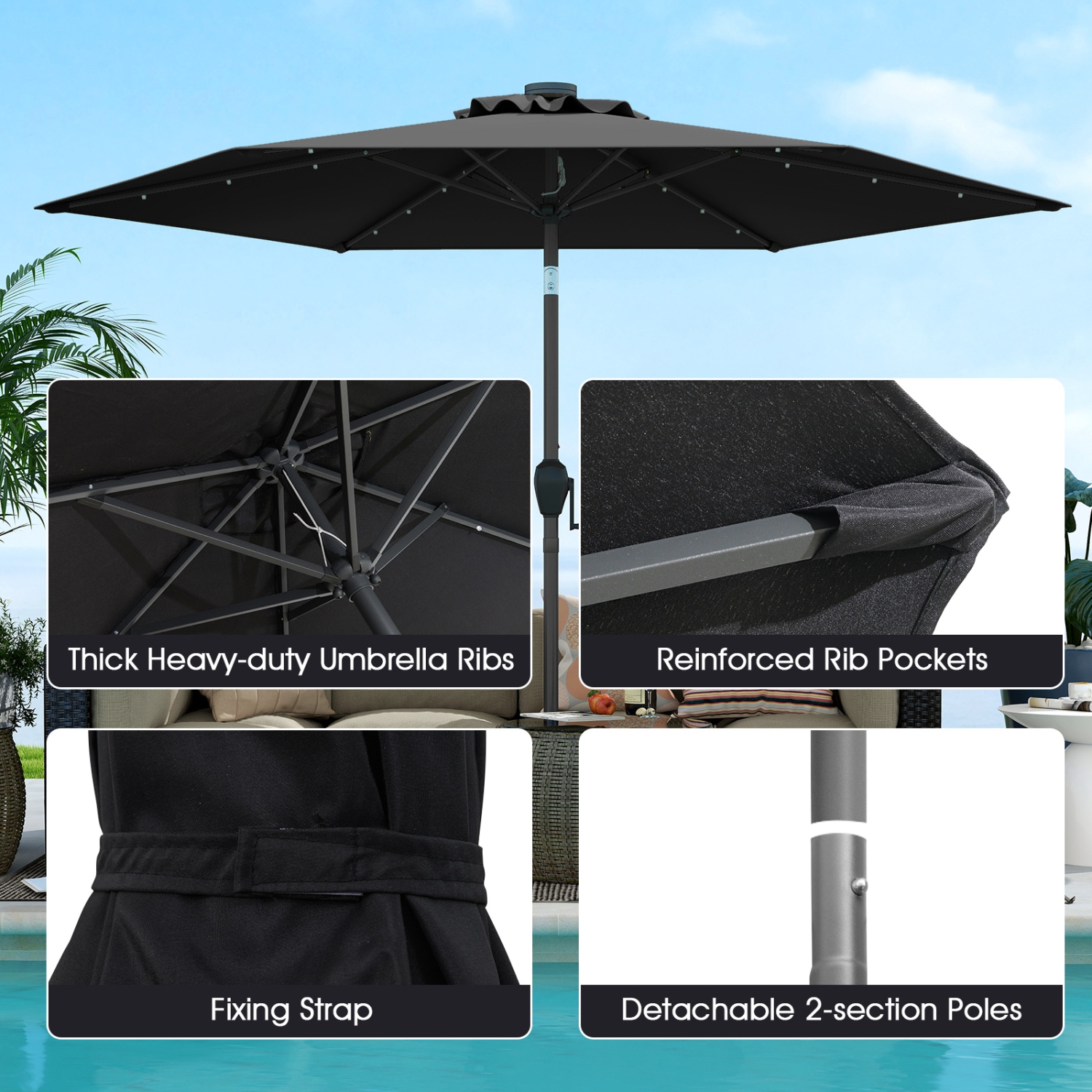 Costway 7.5 ft Solar Powered Patio Umbrella with LED Lights Push Button Tilt Crank Handle Beige/Gray/Navy/Black/Brown/Red
