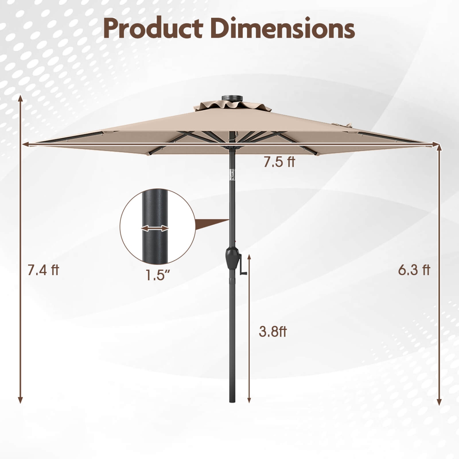 Costway 7.5 ft Solar Powered Patio Umbrella with LED Lights Push Button Tilt Crank Handle Beige/Gray/Navy/Black/Brown/Red