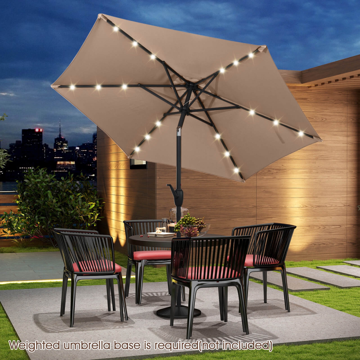 Costway 7.5 ft Solar Powered Patio Umbrella with LED Lights Push Button Tilt Crank Handle Beige/Gray/Navy/Black/Brown/Red