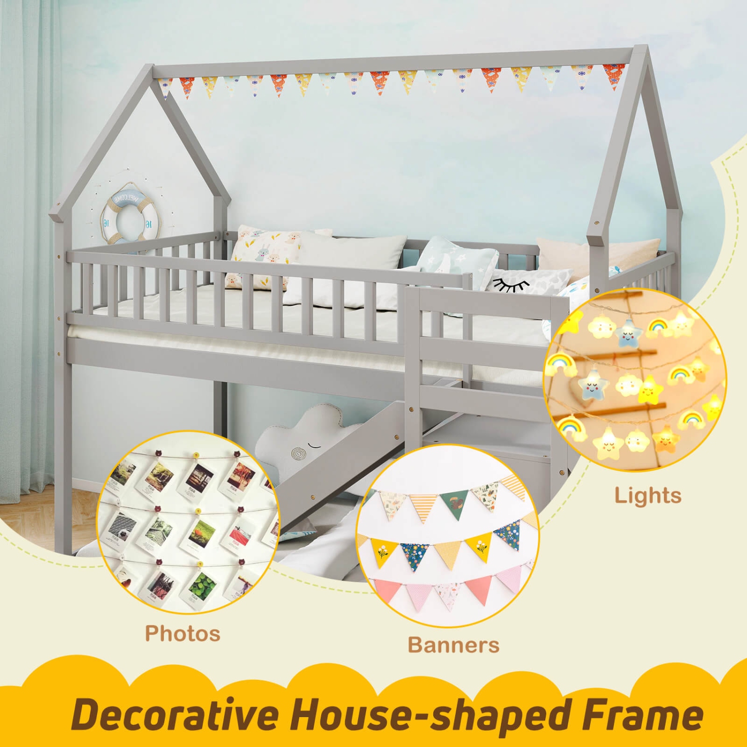 Lit jumeau superposé avec glissière et escalier avec compartiments de rangement, blanc/gris de Costway