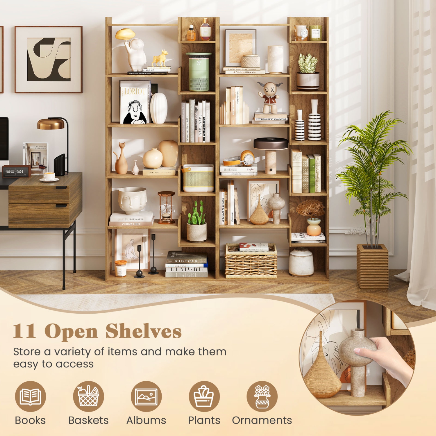 Étagère haute à 6 tablettes avec 11 tablettes ouvertes 1/2 PCS de Costway 2 trousses antibasculement noir/naturel/blanc/brun